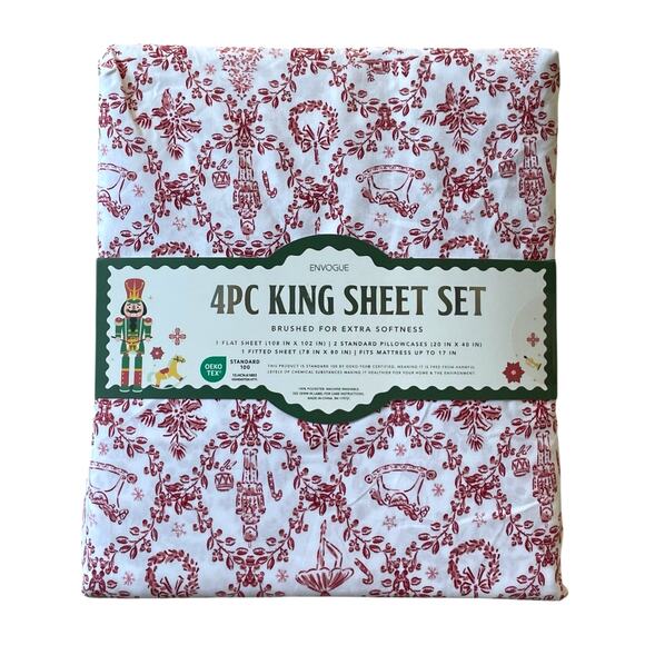Envogue KING 4pc Sheet Set Nutcracker Toile Christmas Bedding Red & White New - Picture 1 of 11